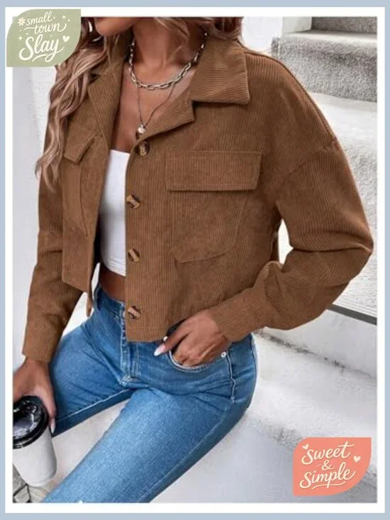 Corduroy Cropped Shacket Jacket Lightweight Long Sleeve Button Down - Picture 6 of 7